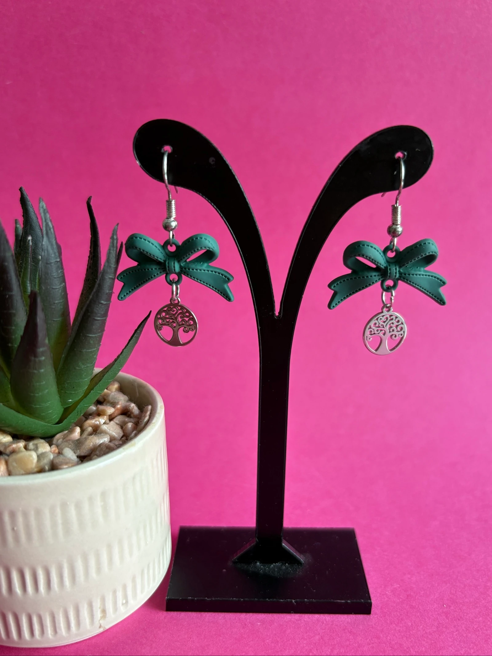 Boucles d'oreilles nœud vert sapin et pendentif Arbre de la Vie